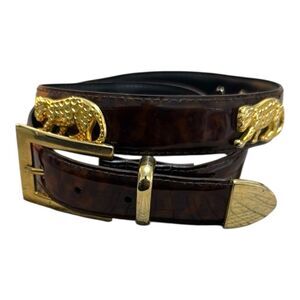 Vintage Brown Tortoise Cheetah Pattern Belt with Gold Buckle